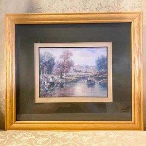 Art Print Of Amish People Fishing And Boating-Matted Wood Frame Behind Glass
